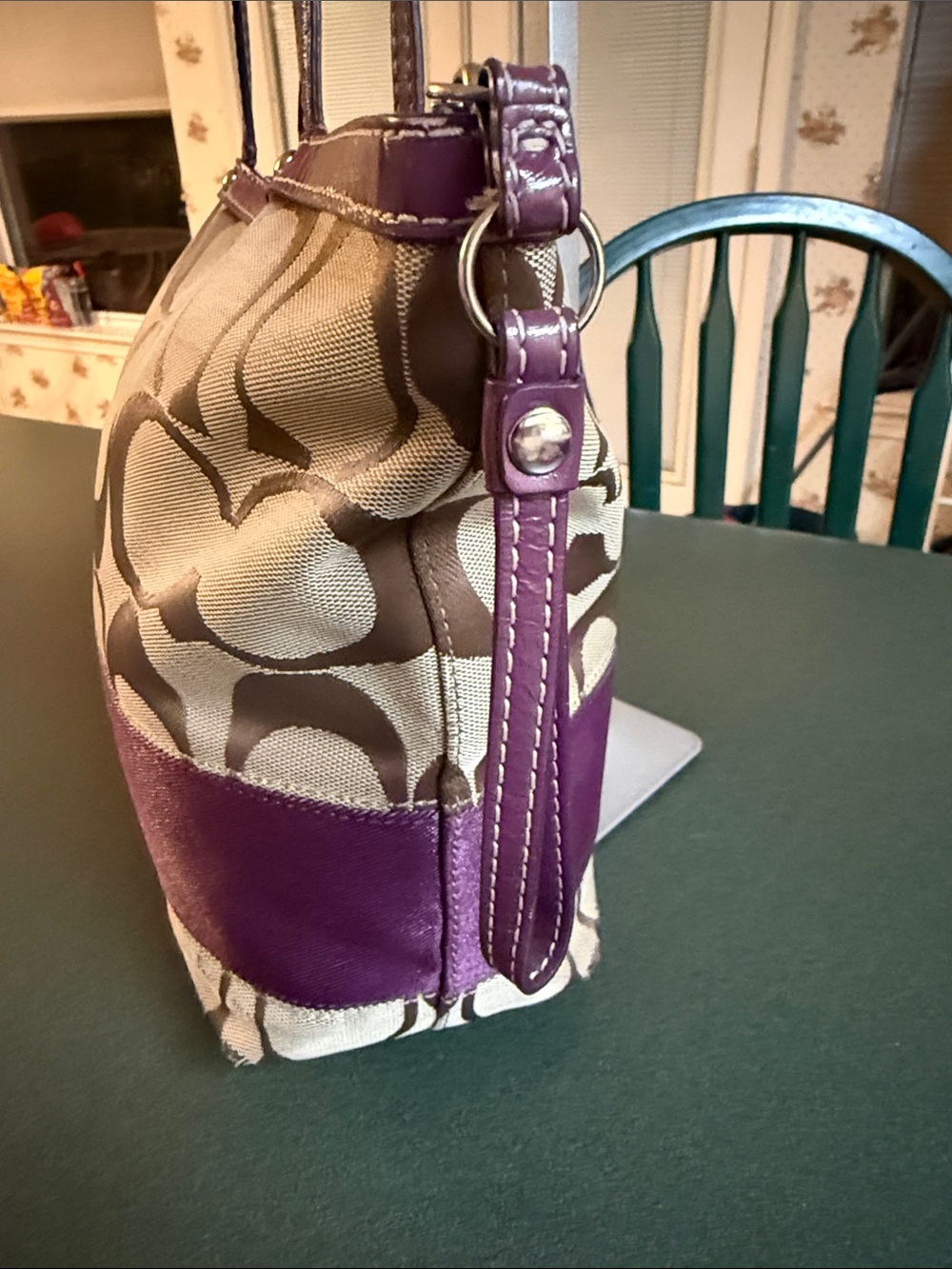 Coach Beige Signature Canvas Tote with Purple Trim - Picture 3 of 12
